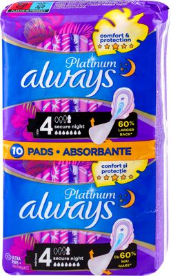 ALWAYS PLATINUM SECURE NIGHT 10PCS SIZE4