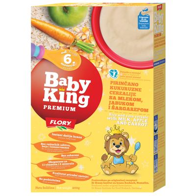 HRANA ZA BEBE INSTANT BABAY KING PIRINAČ, KUKURUZ, MLEKO JABUKA, ŠARGAREPA - PREMIUM 200 GR FLORY