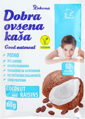 OVSENA KAŠA KOKOS I SUVO GROŽDJE 60GR DOBRA