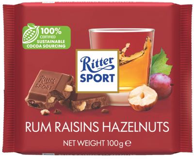 ČOKOLADA MLEČNA SA RUMOM SUVIM GROŽĐEM I LEŠNIK KOMADIĆIMA 100G RITTER SPORT