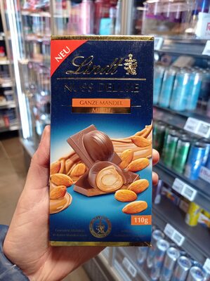 LINDT NUSS DELUXE MILK CHOCOLATE BAR WITH WHOLE ALMONDS 110G